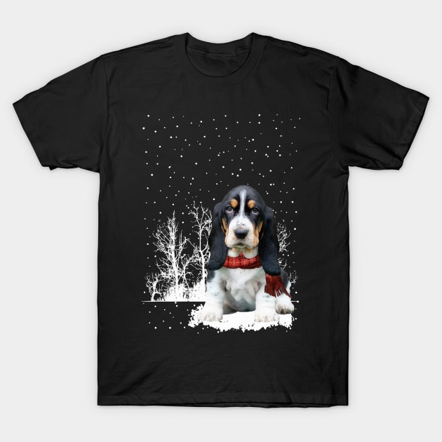 Christmas Basset Hound With Scarf In Winter Forest T-Shirt by SuperMama1650